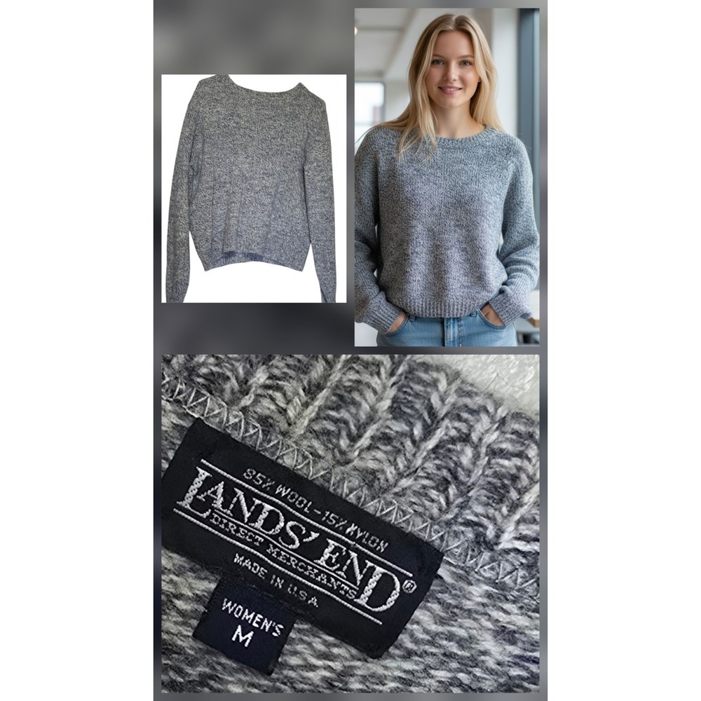 Lands End Sweater Women's Navy Large Med Wool Stretchy‎ Slouchy Usa Made